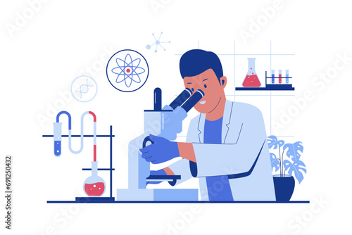 Male Scientist looking through a microscope in a laboratory. Vector flat illustration