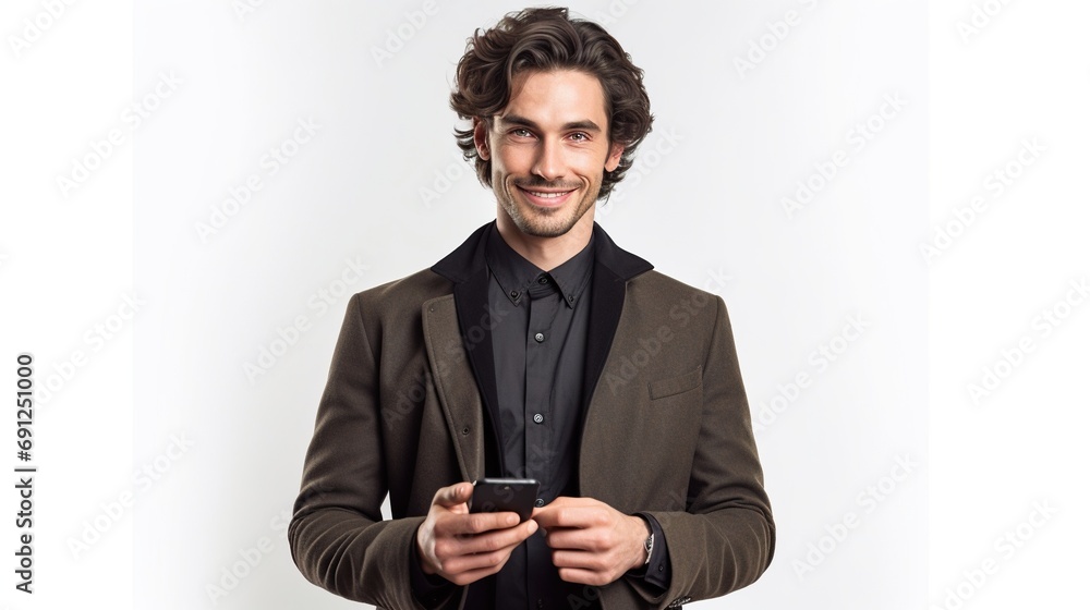 Portrait of a handsome man holding smart phone standing on white background Portrait of a handsome man holding smart phone standing on white background