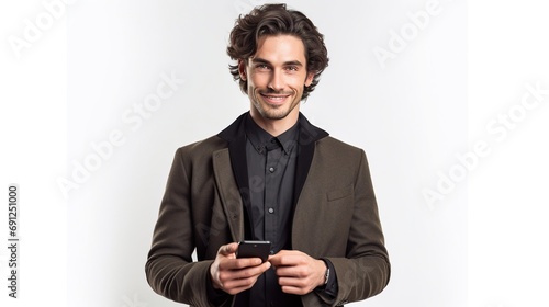 Portrait of a handsome man holding smart phone standing on white background 