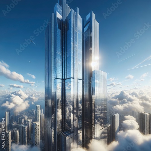 A futuristic high building seen from below against the sky