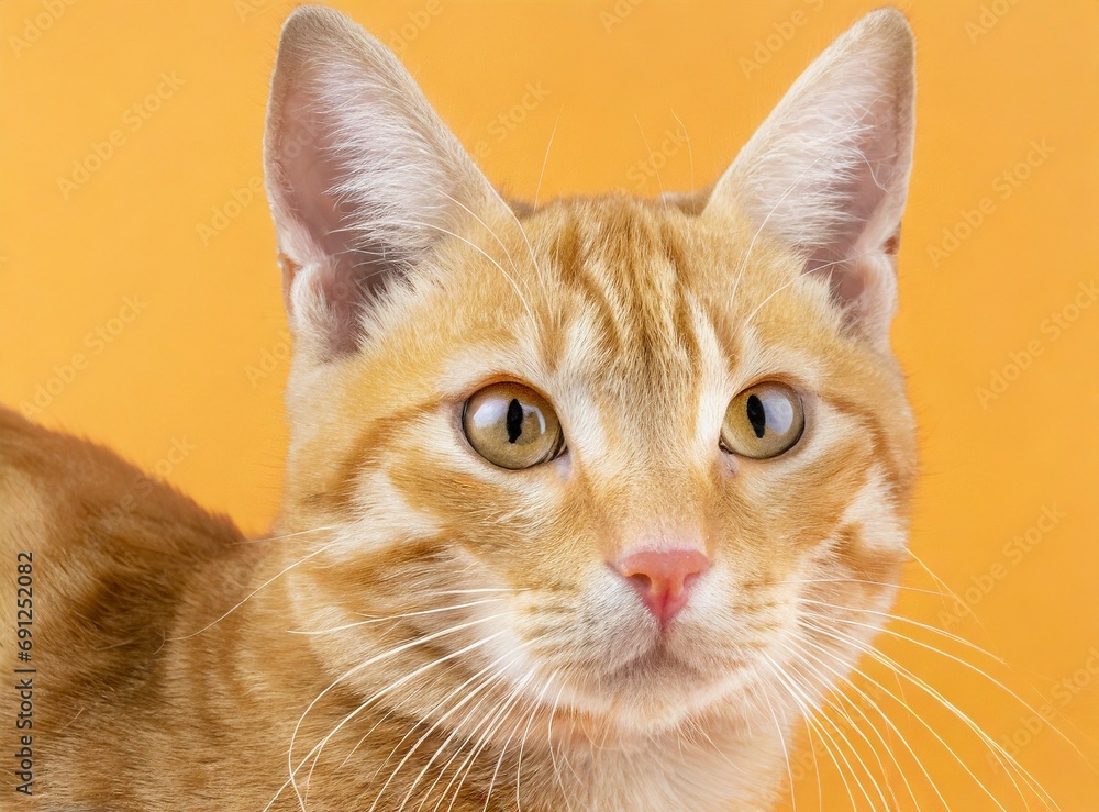 Orange tabby cat isolated on orange background, face closeup photography Orange tabby cat isolated on orange background, face closeup photography