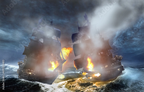 Naval battle between two old ships from 16th Century in 3d illustration photo