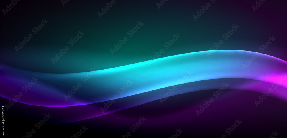 Fototapeta premium Dynamic waves in ethereal glow of neon lights. Concept merges fluidity of motion with vibrant allure of neon, crafting entrancing backdrop that embodies both vitality and futuristic sophistication