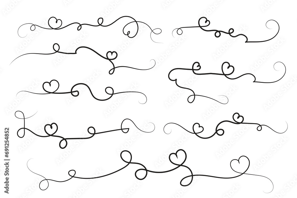 Obraz premium hand-drawn thin line heart swirl ornate, wavy line decorative hearts, calligraphy heart swirl Flourish ornament, outline doodle love Valentine Day design elements, continuous line swirl hearts