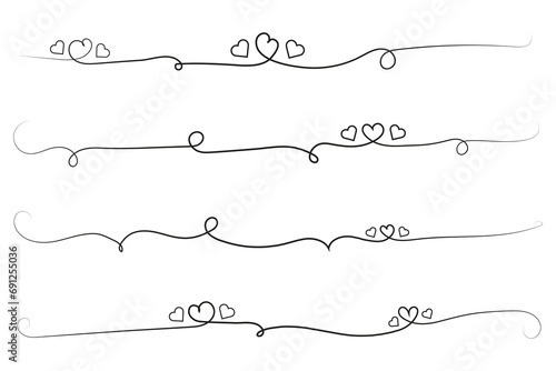 hand-drawn thin line heart swirl ornate, wavy line decorative hearts, calligraphy heart swirl Flourish ornament, outline doodle love Valentine Day design elements, continuous line swirl hearts photo