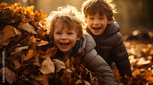 two little boys frolicking wildly in an autumnal pile of leaves. they laugh, the leaves glow golden. a sunny autumn day in october. natural, diffuse sunlight. movement. generative AI