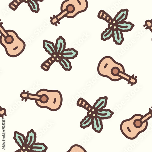 Cute Doodle Hawaii Ukulele Seamless Pattern Vector