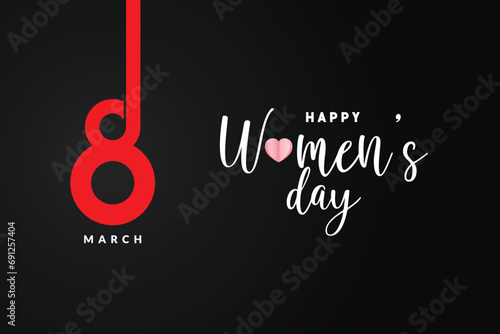 Happy womens day 8th march greeting or wishing card black color background with heart banner, poster design vector illustration photo
