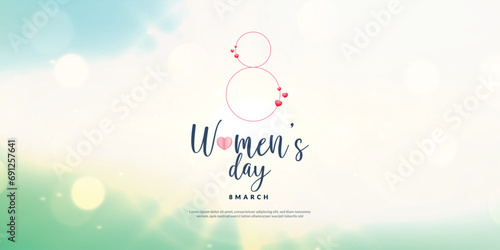 Happy womens day 8th march greeting or wishing card bokeh effect shine background banner, poster design vector illustration