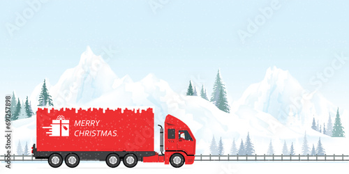 Santa driving red Christmas Delivery Truck on winter mountains.