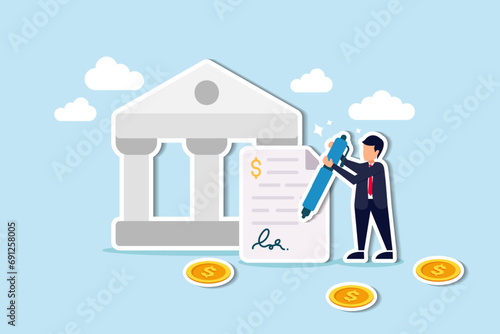 Obligation, debt or bank loan responsible to pay back with interest rate, legal money credit or borrowing document with signature concept, businessman signing signature on obligation banking document.