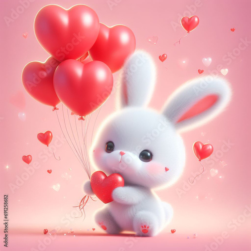 cute baby bunny holds red heart with balloons floating it the sky on valentine day