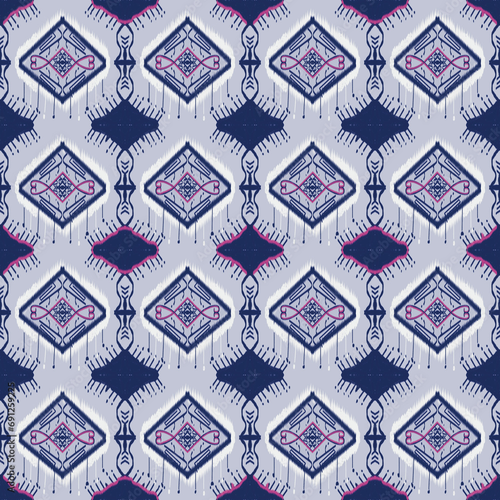 Abstract stripes Ikat paisley embroidery on blue background.
