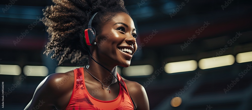 Black woman running on stadium track using fitness smartwatch to track heart rate, time, and progress for cardio workout goals. - obrazy, fototapety, plakaty 