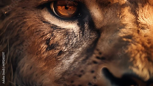 A closeup of a lions powerful and stoic eye, framed by its magnificent whiskers and dark fur. photo