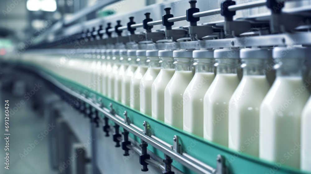 Obraz premium Factory Milk Bottling Line at Dairy Production Plant Glass bottles with a dairy product on a production line