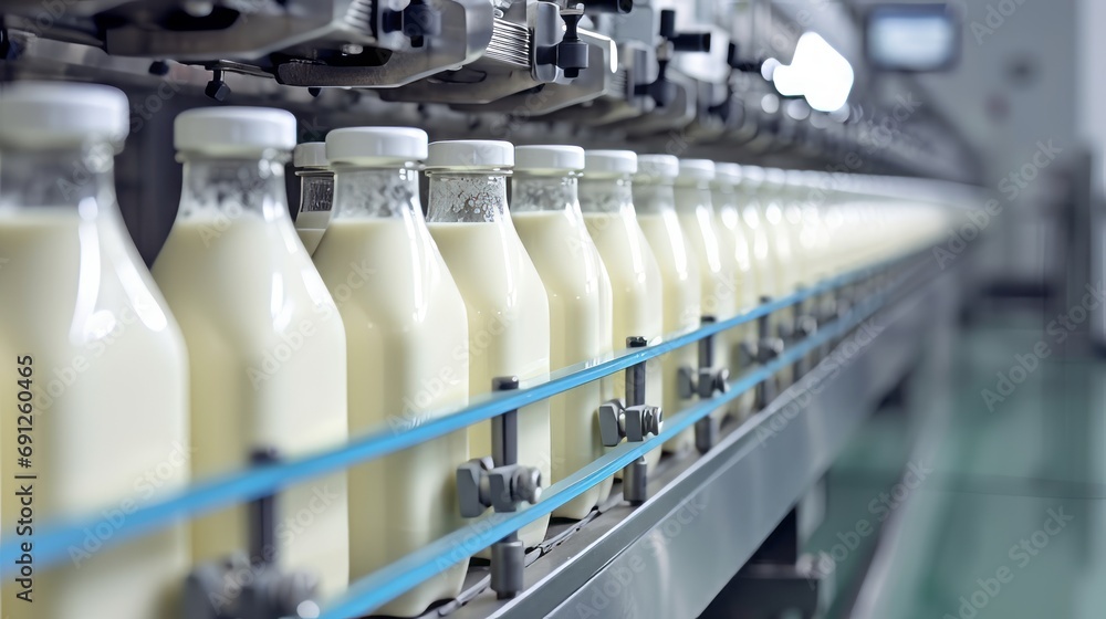 Factory Milk Bottling Line at Dairy Production Plant Glass bottles with a dairy product on a production line Factory Milk Bottling Line at Dairy Production Plant Glass bottles with a dairy product on a production line