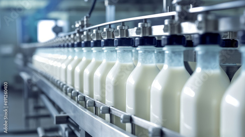 Factory Milk Bottling Line at Dairy Production Plant Glass bottles with a dairy product on a production line photo