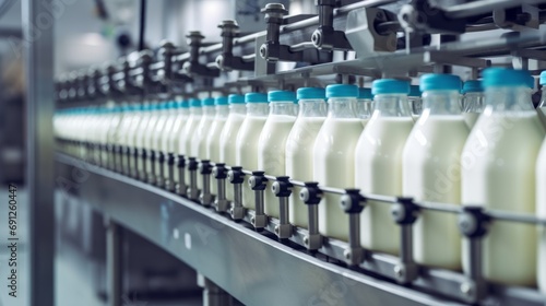 Factory Milk Bottling Line at Dairy Production Plant Glass bottles with a dairy product on a production line