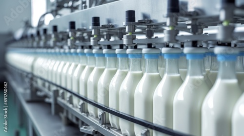 Factory Milk Bottling Line at Dairy Production Plant Glass bottles with a dairy product on a production line © ND STOCK