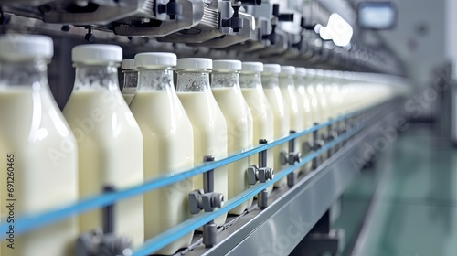 Factory Milk Bottling Line at Dairy Production Plant Glass bottles with a dairy product on a production line