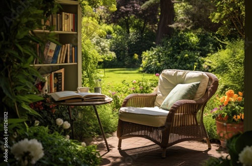 Outdoor reading nook in a garden setting with a comfortable chair and a pillow surrounded by lush greenery, and soft natural light. Include a bookshelf, and opened book on the table. Reading corner 