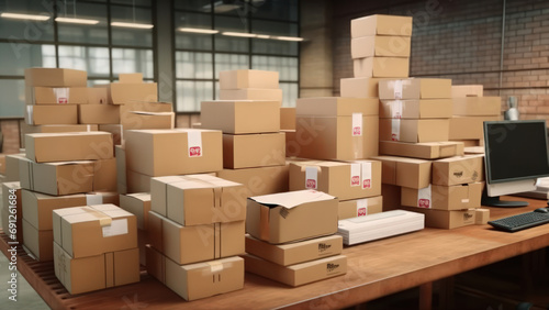 Cardboard boxes with parcels from online stores in delivery service office. Express delivery with modern accounting and distribution facilities. Optimization storage systems for efficient product © Stavros