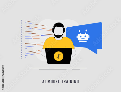 AI model training concept. Train Generative AI using Big Data. AI ML Model Training in Machine Learning. Vector illustration isolated on white background with icons
