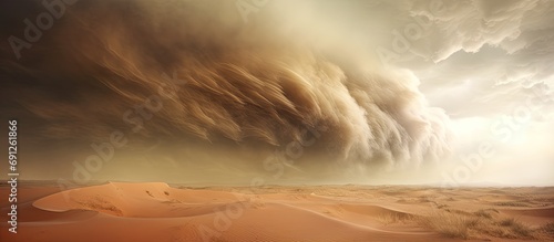Intense sand and dust storm in desert during hot summer day. Wild nature's danger and power in ai artwork featuring giant cloud carried by wind.
