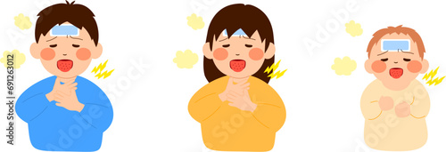いちご舌で痛みを訴えている子供のイラスト