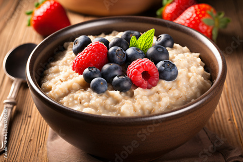 Bowl Of Oatmeal Breakfast With Strawberries And Blueberries