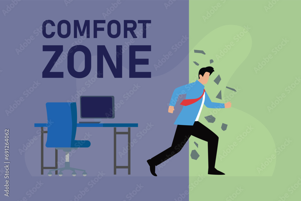 Businessman cartoon character punching wall of comfort zone 2d vector illustration concept Businessman cartoon character punching wall of comfort zone 2d vector illustration concept