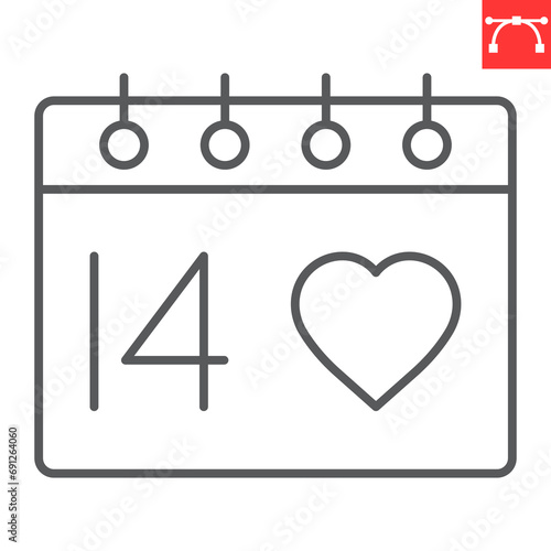 Valentines day calendar line icon, love and holiday, calendar vector icon, vector graphics, editable stroke outline sign, eps 10.