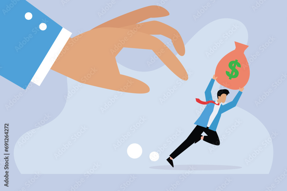 Businessman running while lifting a sack of money being chased by a big hand Businessman running while lifting a sack of money being chased by a big hand