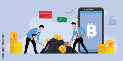Bitcoin miner digging on golden bitcoin. Devices and technology for mining cryptocurrency