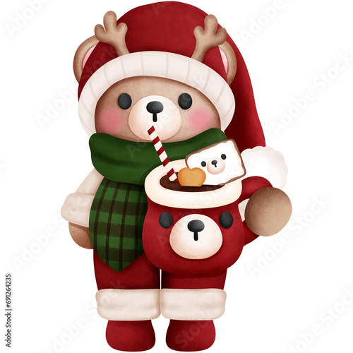 Watercolor christmas baby teddy bear in colorful outfits and antlers with christmas dessert.