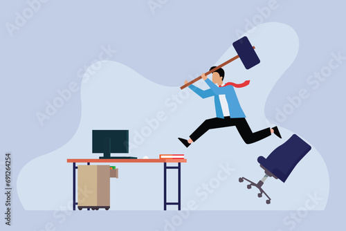 Furious frustrated businessman jumping out a chair hitting the computer with a hammer