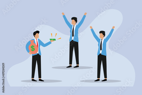 Business manager giving money to happy worker. Salary, wage, bonus and reward concept