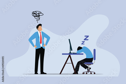 Exhausted office worker sleeping behind his desk while angry boss is standing next to him