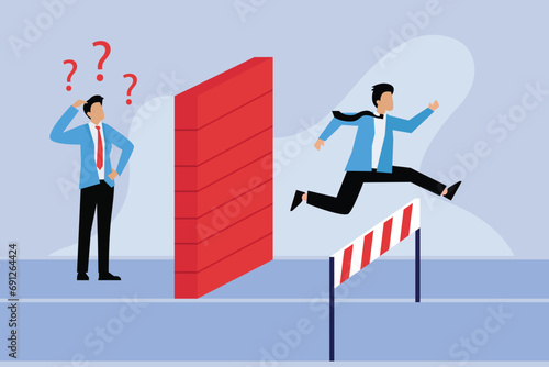 Business race with unfair obstacles. Businessman jumping over hurdle with other businessman stuck by the wall