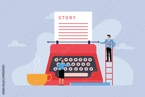 Vintage typewriter with people write a story 2d vector illustration