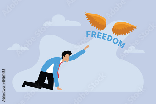Sad businessman crawling lost his wings. Businessman loosing freedom 2d vector illustration