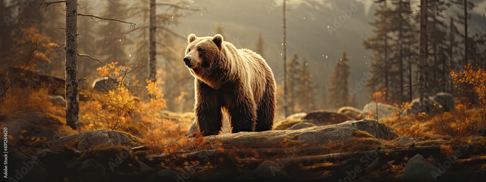 A big brown bear in the morning forest in search of food. Wildlife. - obrazy, fototapety, plakaty 