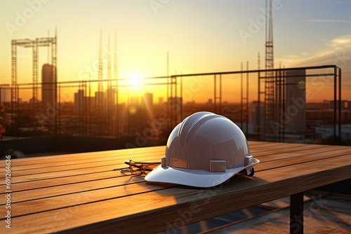 Silhouettes of the construction of new buildings with tower cranes. In the foreground is a construction helmet on a wooden table.