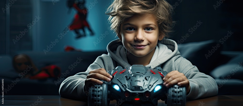 Boy with remote-controlled sports car toy and joystick. - obrazy, fototapety, plakaty 