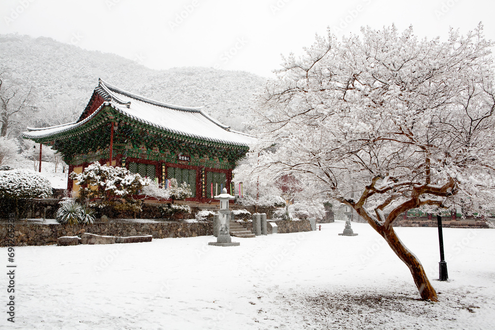 snow scene of a temple