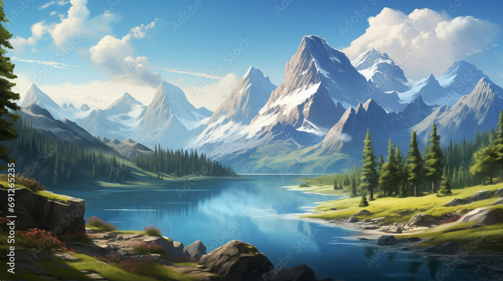 Serene River Landscape with Forested Banks and Mountainous Backdrop. Generative AI.