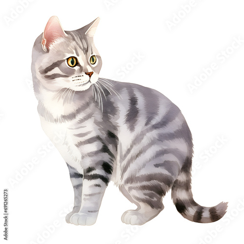 Watercolor Illustration of a Sitting Cat in Realistic Style