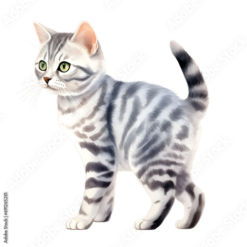 Detailed Illustration of a Gray and White Striped Kitten in Hyperrealistic Style