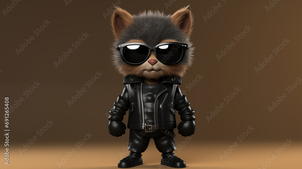 Cool cat standing wearing a leather jacket and black glasses. Generative AI.